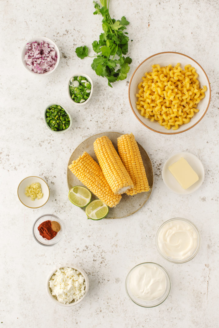 overhead photo of bowls needed to make street corn pasta salad