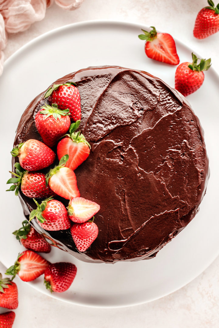 overhead photo of chocolate cake with ganache frosting