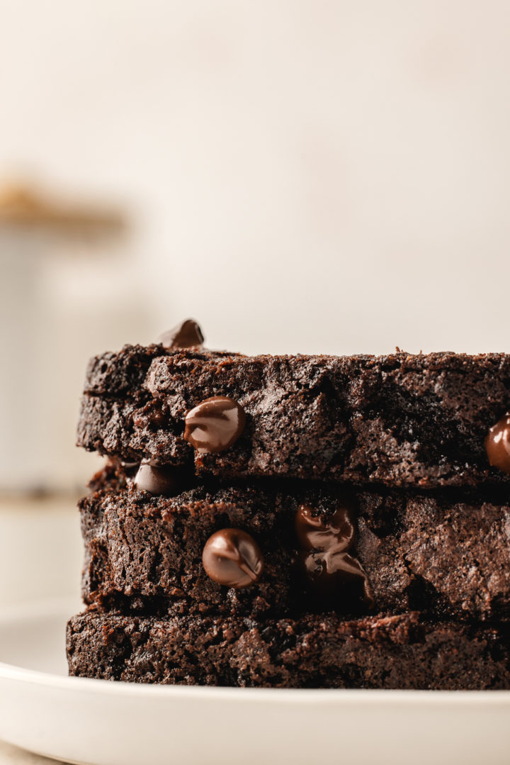 slices of easy chocolate zucchini bread on a white plate