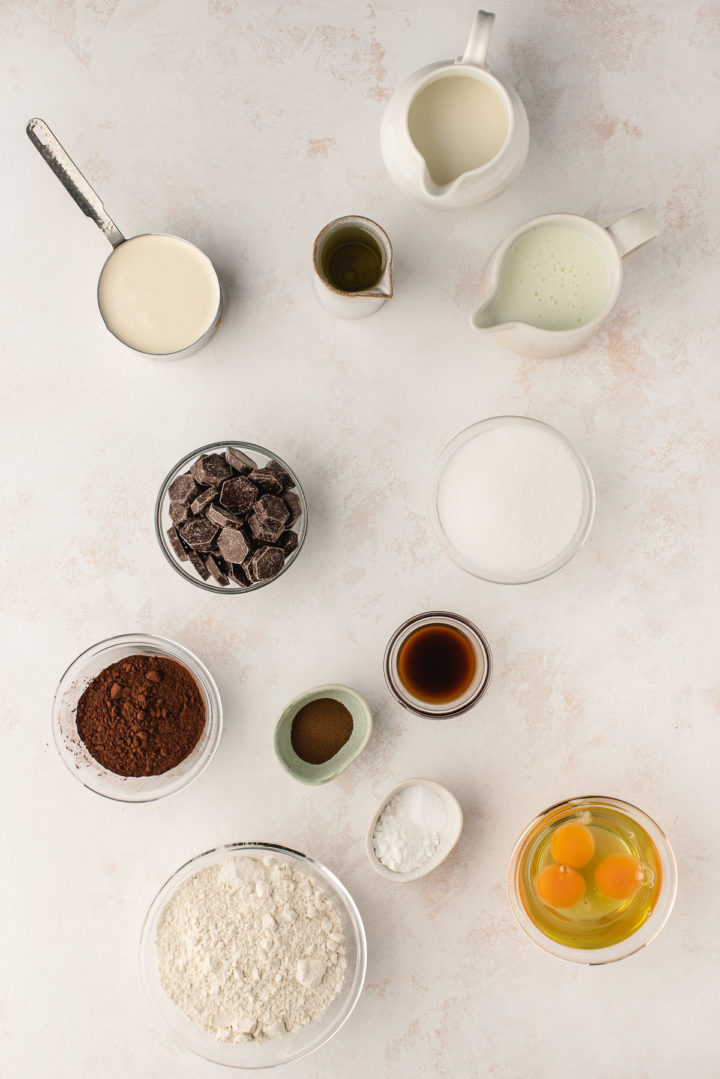 ingredients to make chocolate ganache filled cake