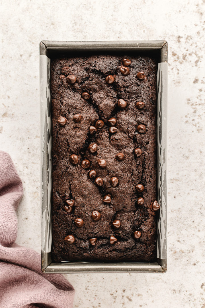 double chocolate zucchini bread in a loaf pan