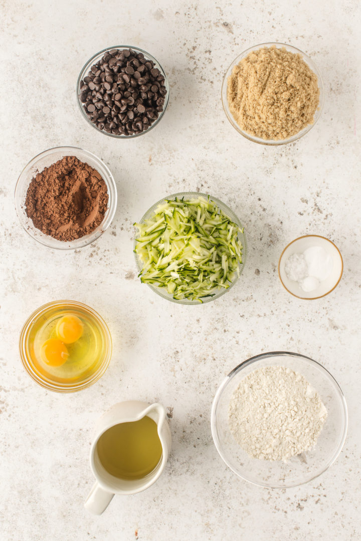 bowls of ingredients to make double chocolate zucchini bread