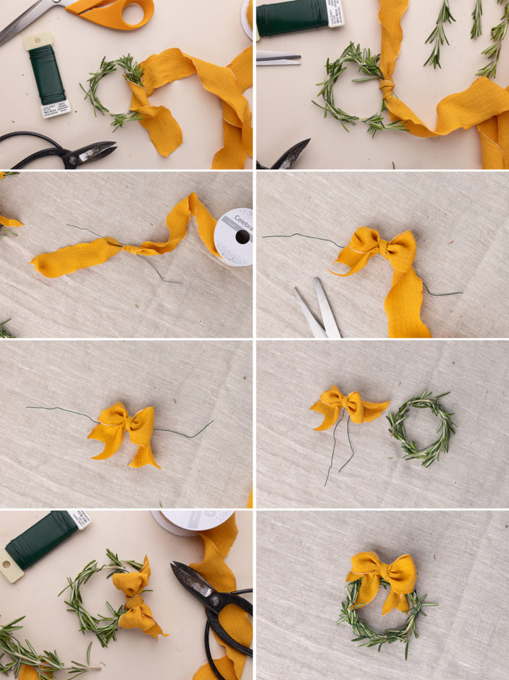 step by step photos making a bow for rosemary wreath