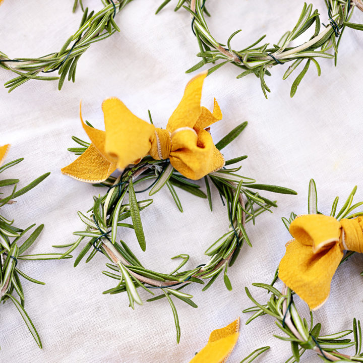 mini rosemary wreaths with bows