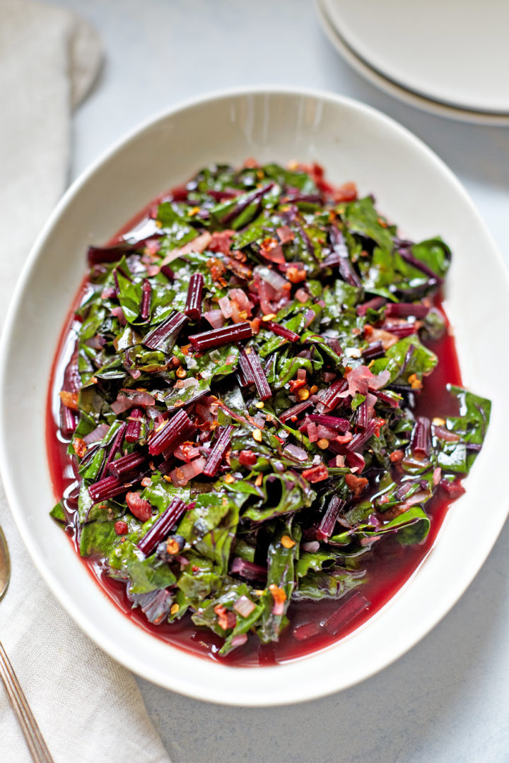 beet greens in an oval serving dish