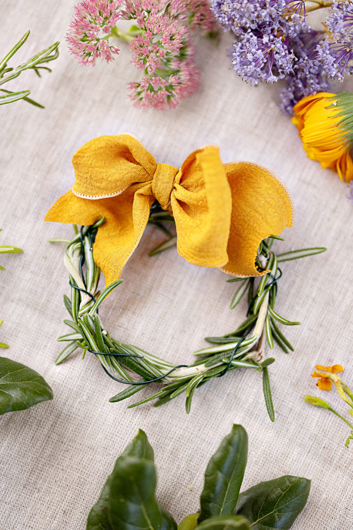 close up of a rosemary mini wreath