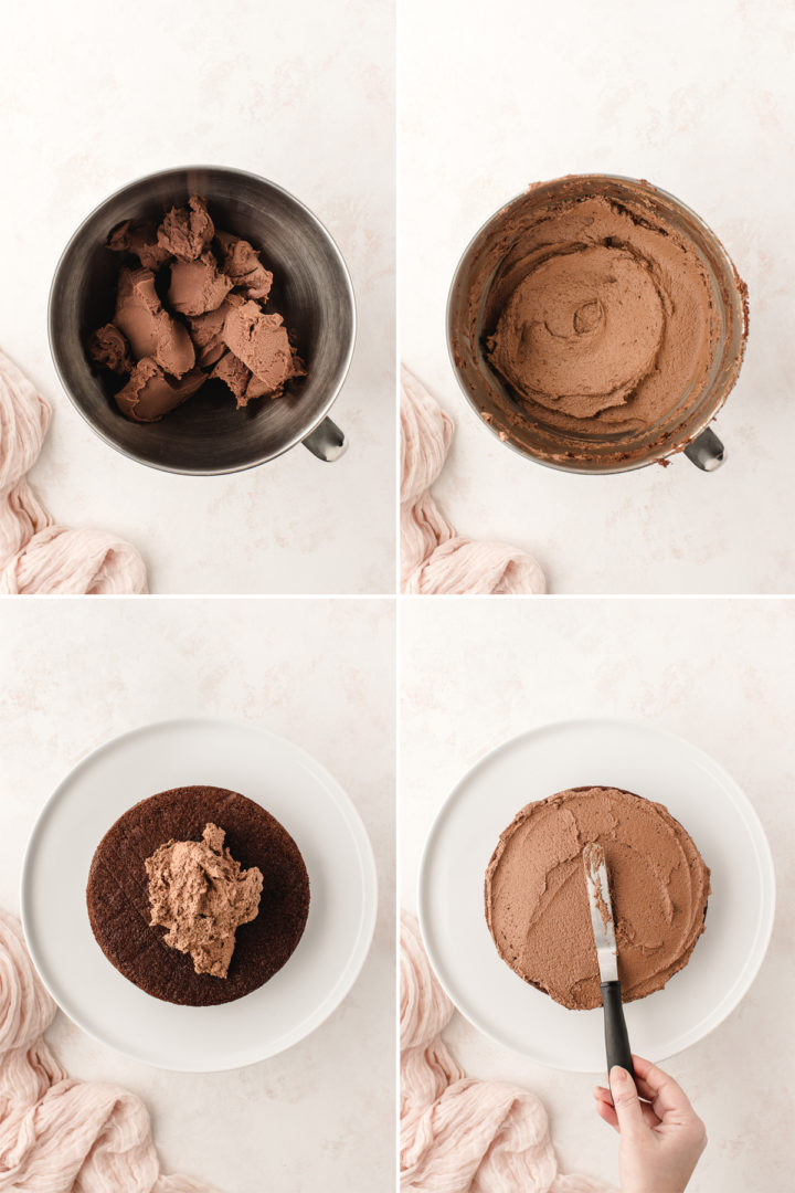 step by step frosting a chocolate cake with ganache frosting