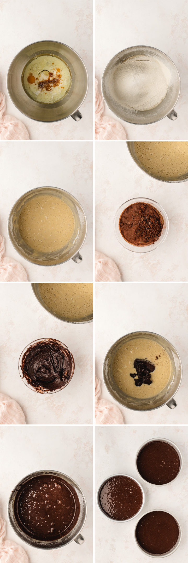 step by step making cake batter for chocolate ganache cake