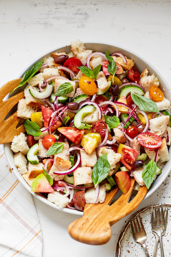 a bowl of italian bread salad