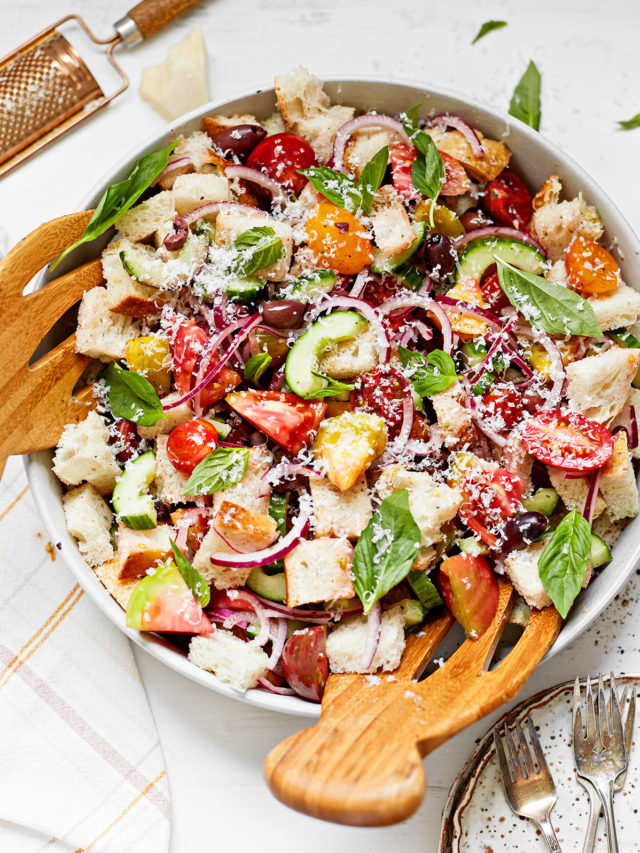 summer panzanella in a white bowl