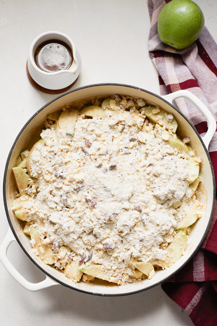 apple caramel crisp in a baking pan