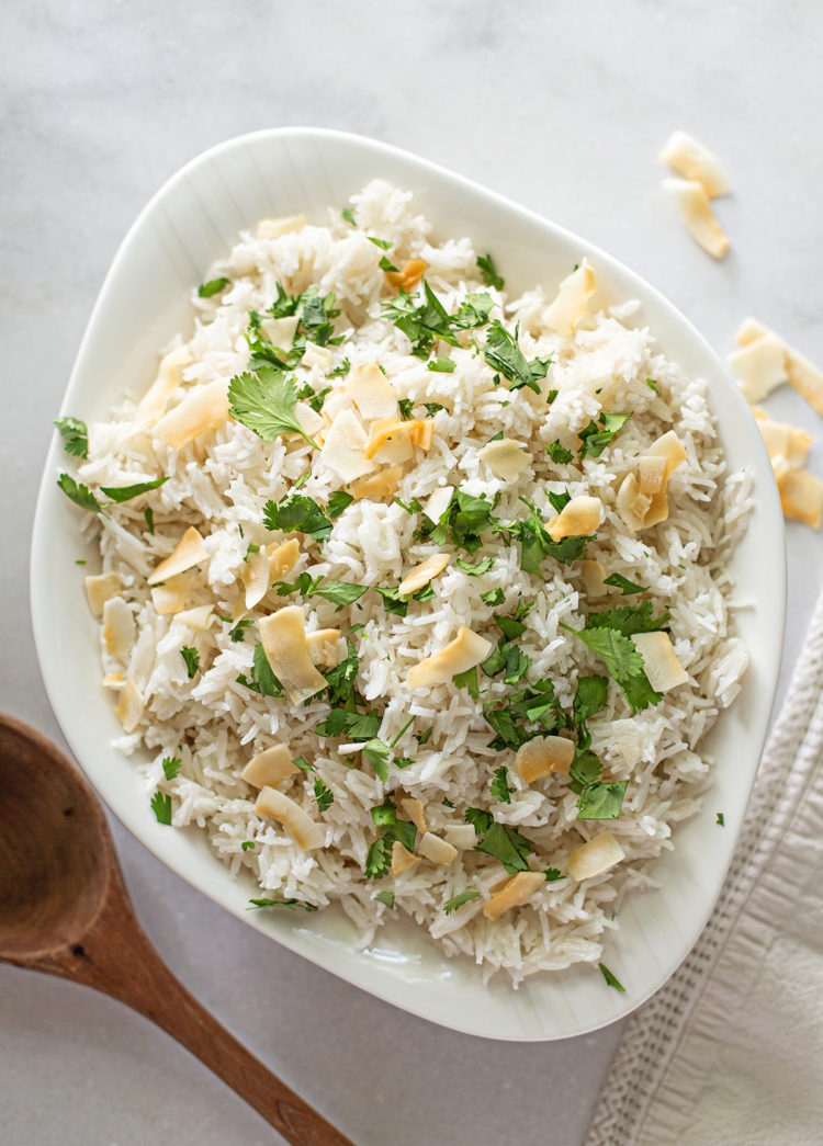 coconut milk rice in a white serving dish