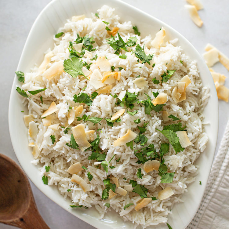 coconut milk rice in a white serving dish