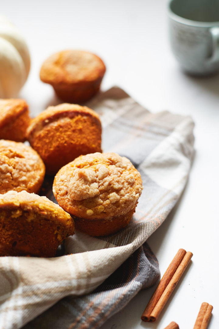 protein powder pumpkin muffins with a mug of coffee