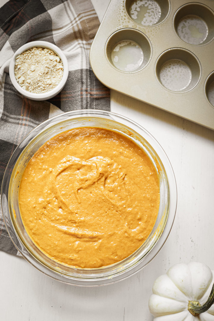 protein pumpkin muffin. batter in a bowl