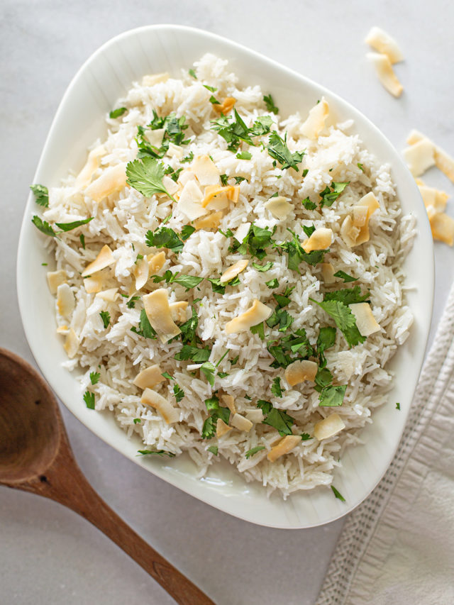 coconut milk rice in a white serving dish