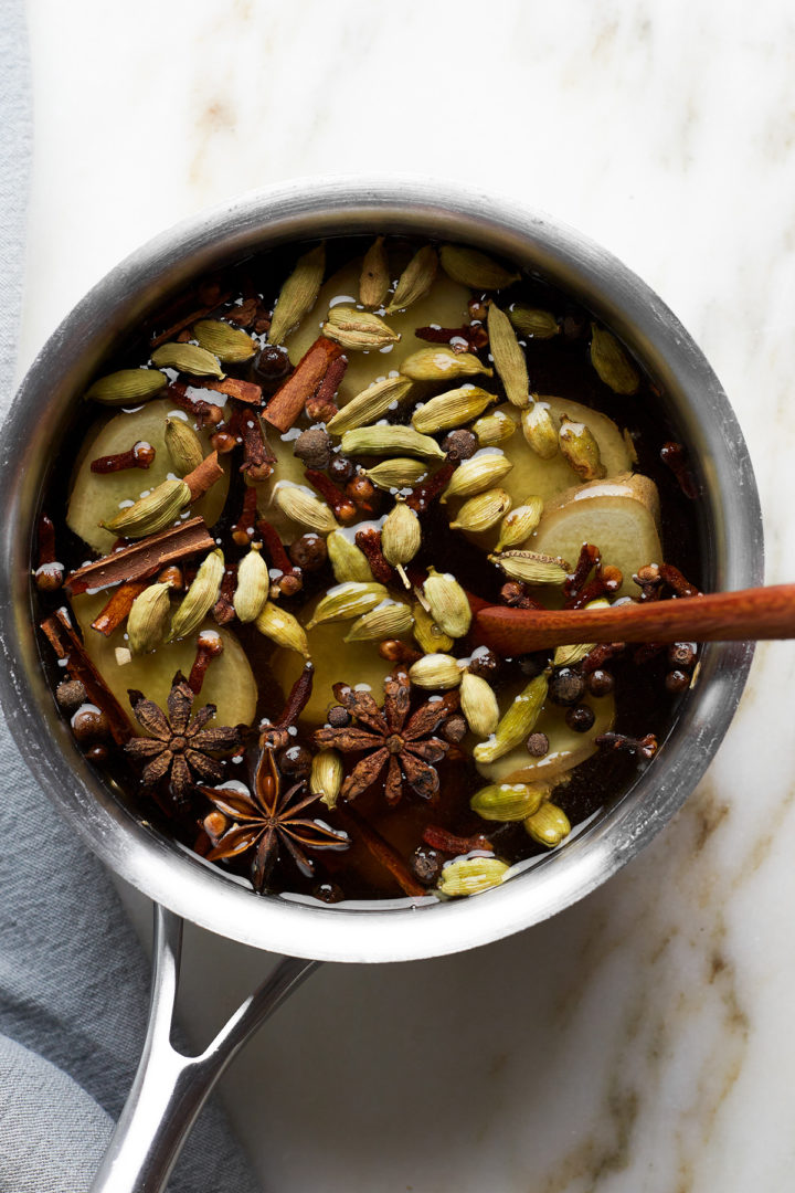 chai spiced syrup in a saucepan