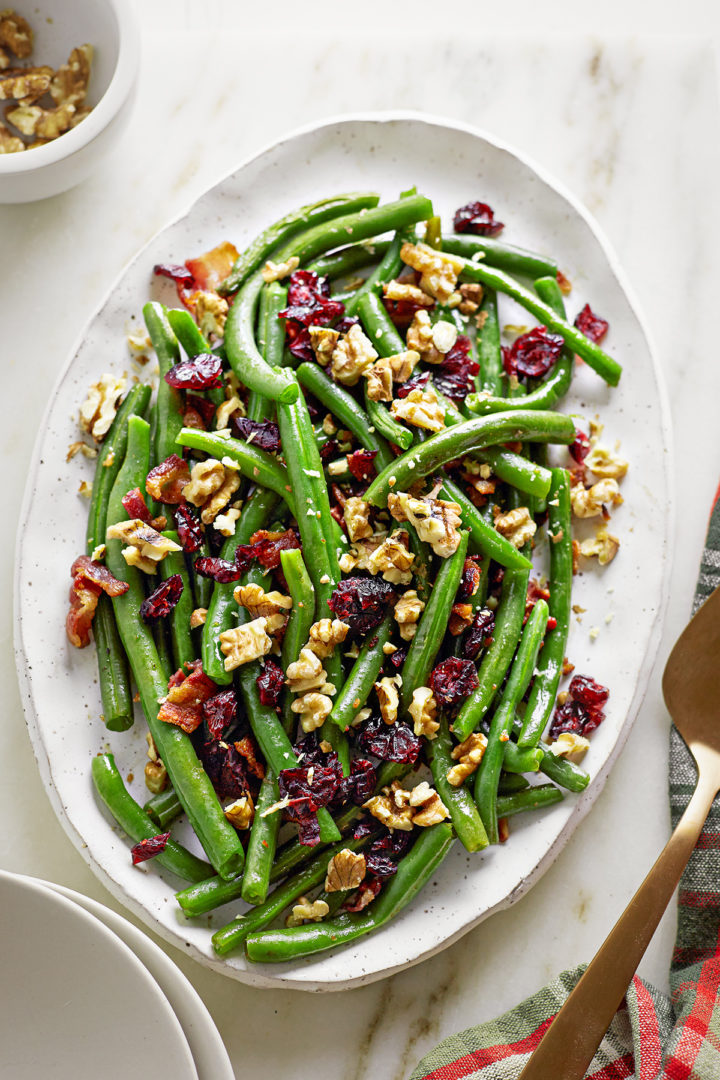 platter of cranberry bacon green beans