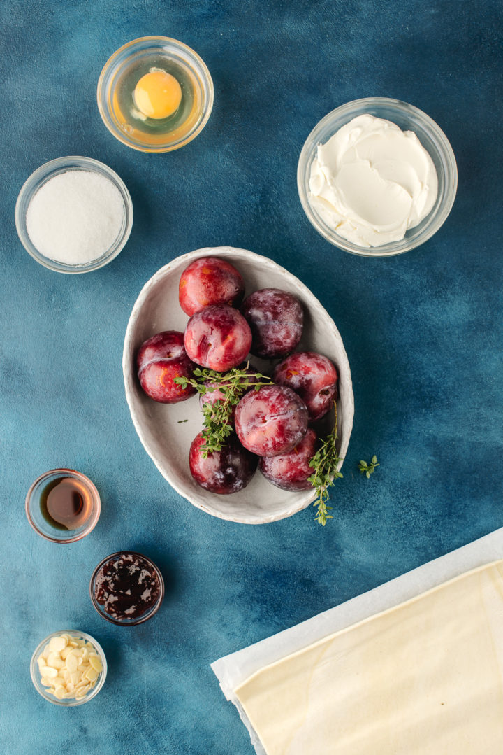 bowl of ingredients to make a simple plum tart