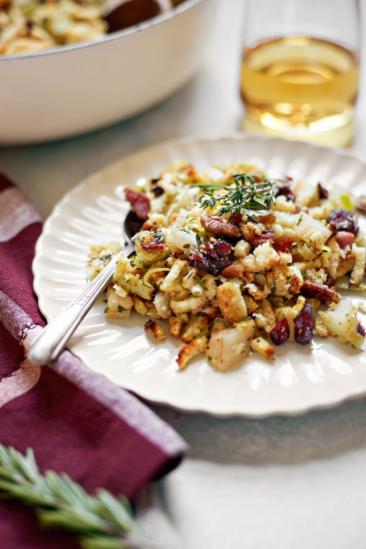 cooked turkey stuffing on a plate with fork