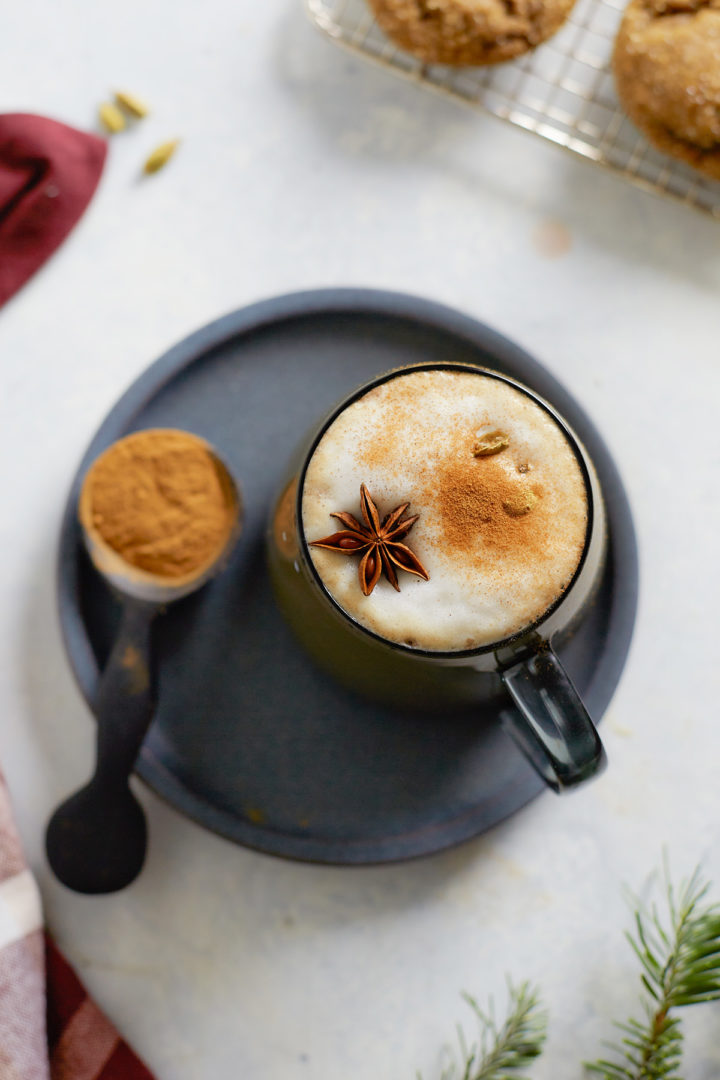 mug of homemade gingerbread chai tea latte