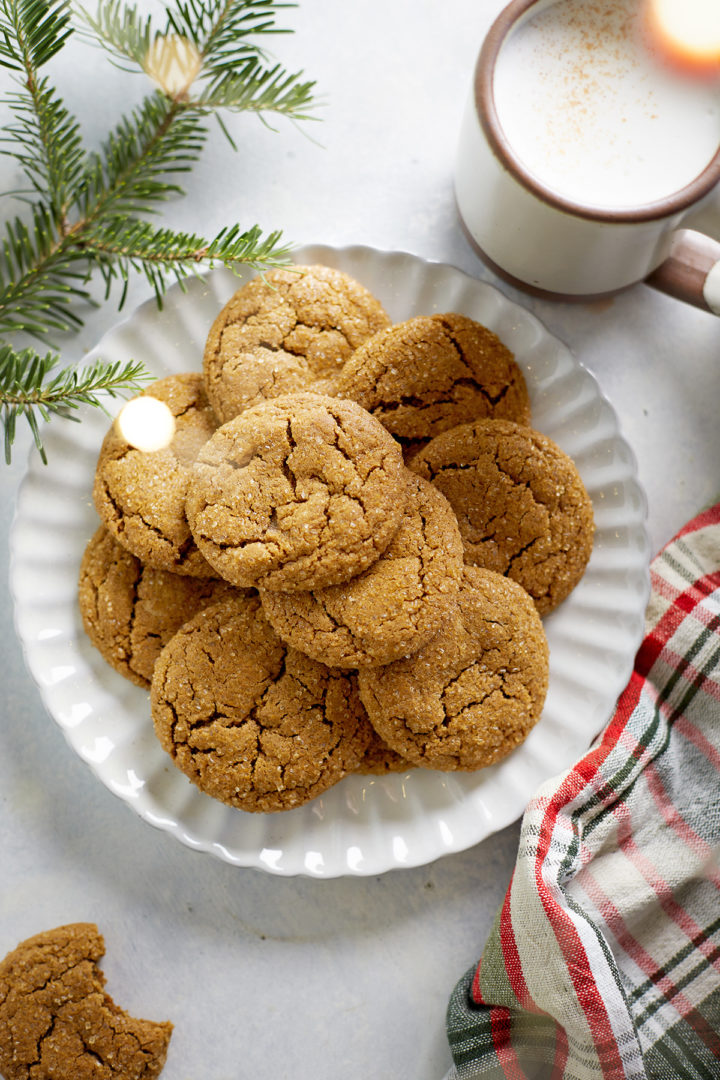 overhead view of a plate of soft gingersnap cookies