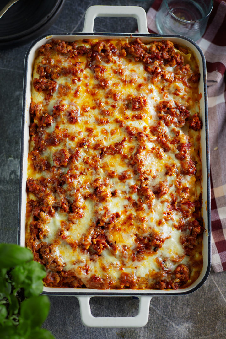 ground turkey italian sausage lasagna in a baking pan