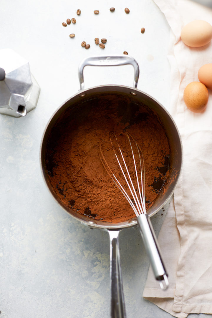 saucepan with brownie batter and a whisk